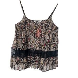 BCBGeneration Pleated Sheer Geometric Abstract Tank Top Blouse Size S Multicolor
